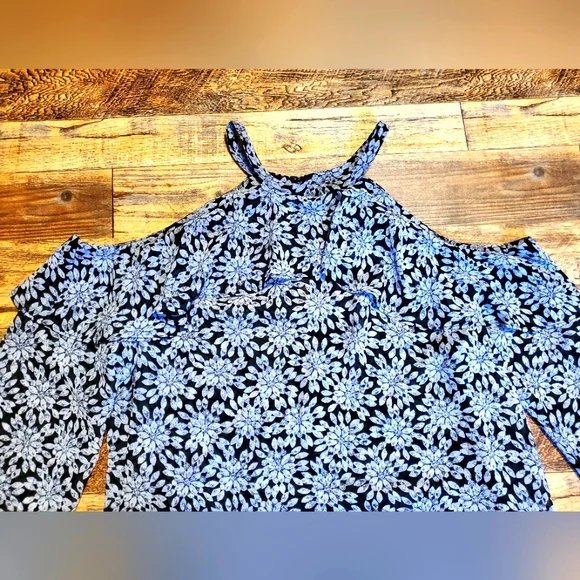 Michael Kors Cold Shoulder Sheer Halter Jewel Print Top SMALL Ruffles - Picture 7 of 11